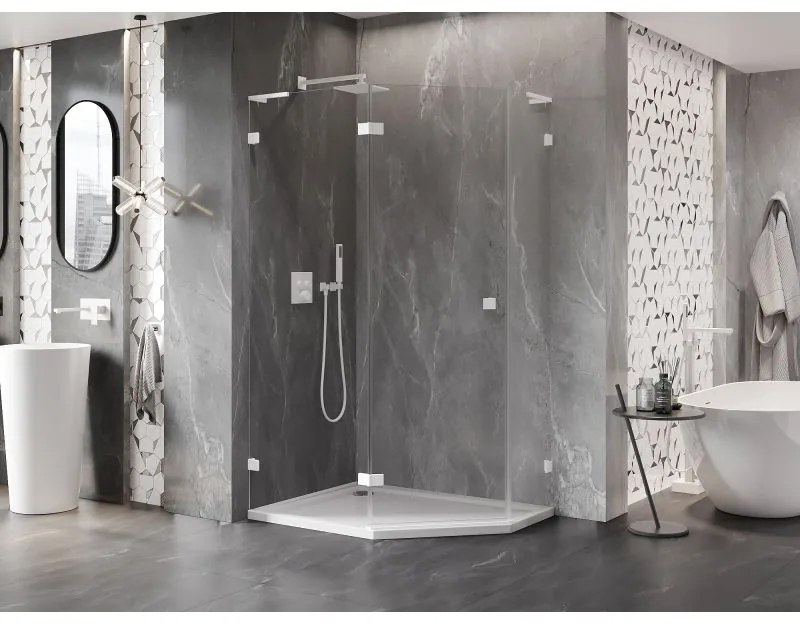 Mexen Lunar, L päťuholníkový sprchový kút naklápací doľava 90 x 80 cm, 8mm číre sklo, biely profil, 831L-090L-080P-20-00-L