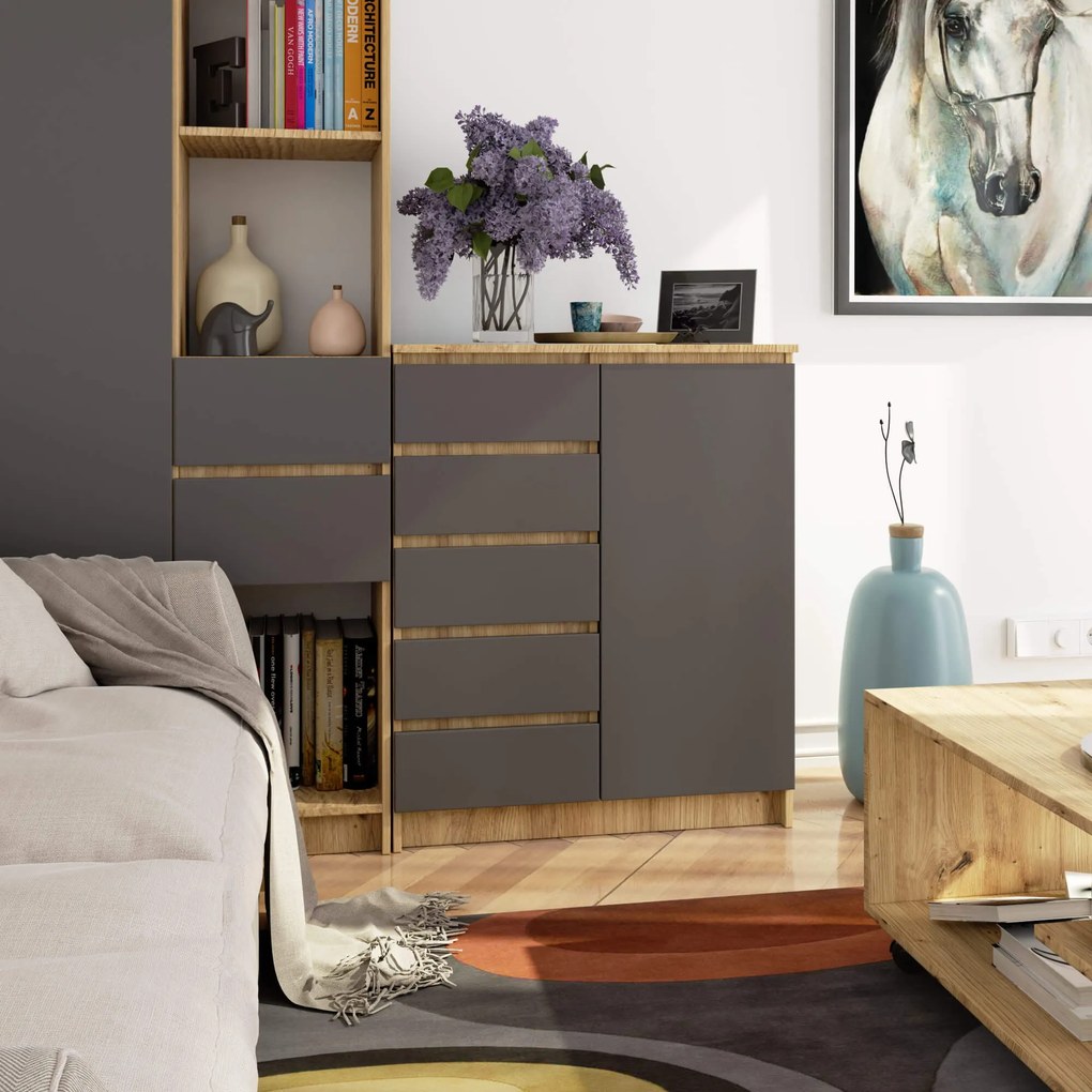 Komoda JERRY 80 cm 1 dvere 5 zásuviek dub artisan/antracitovo šedá
