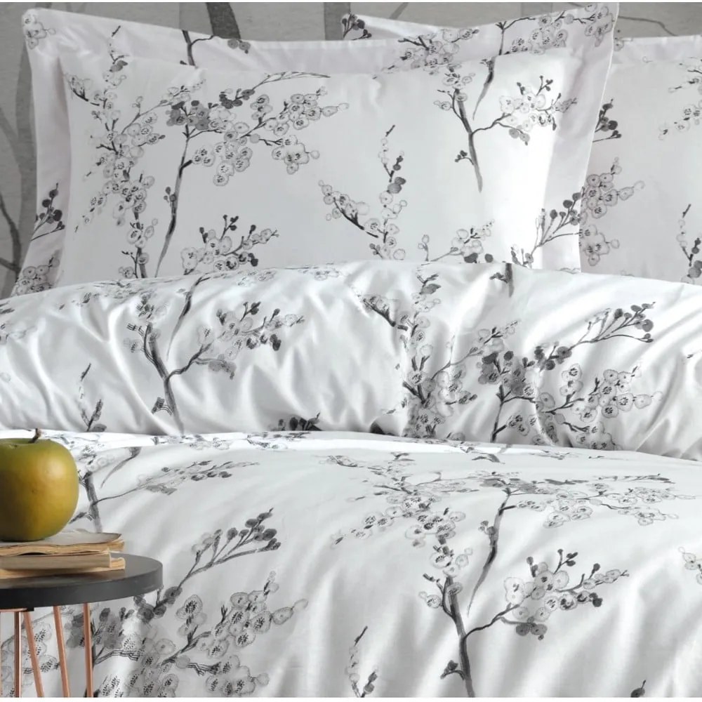 Biele/sivé obliečky na jednolôžko z bavlny Renforcé 140x200 cm White Floral – Mila Home Luxury