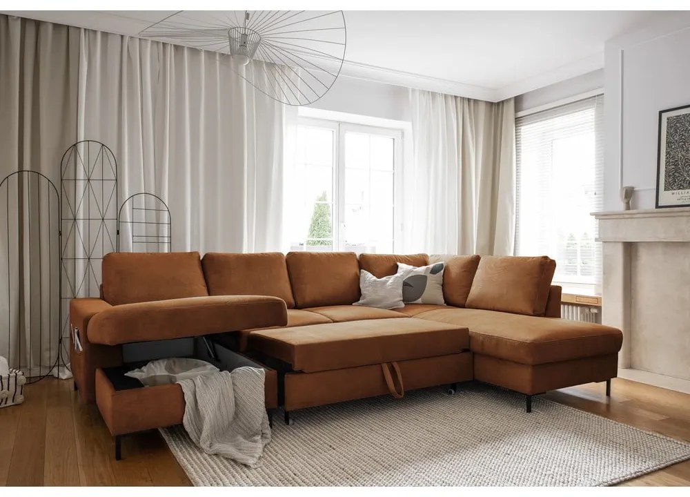 Oranžovohnedá menčestrová rozkladacia rohová pohovka (pravý roh) Lofty Lilly – Miuform