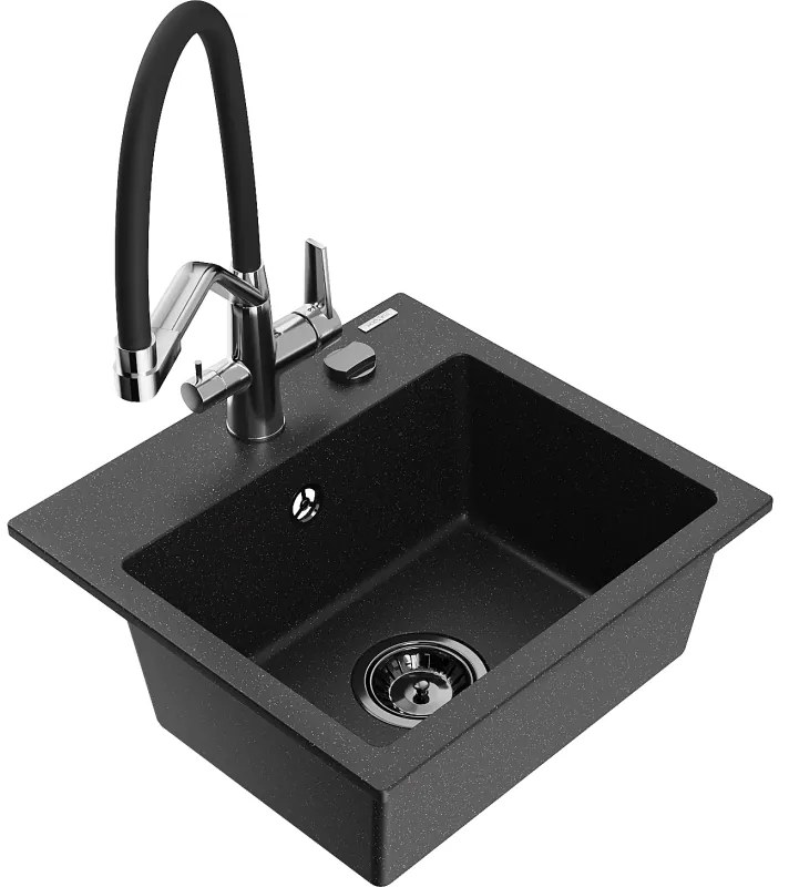 Mexen Milo, granitový drez 435x410x171 mm, 1-komorový a drezová batéria Duo, čierna-strieborná metalíza, 6505-73-671701-07-B