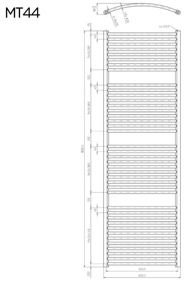 Mereo Mereo, Vykurovací rebrík, 600x1850 mm, 1452 W, oblý, biely, MER-MT44