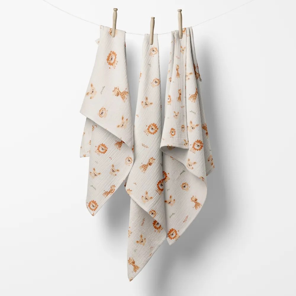 Biante Mušelínová plienka/dečka Nature MSN-084 Safari zvieratká na krémovo bielom - ZVÝHODNENÁ SADA 3 KS 70x70 cm - Sada 3 ks