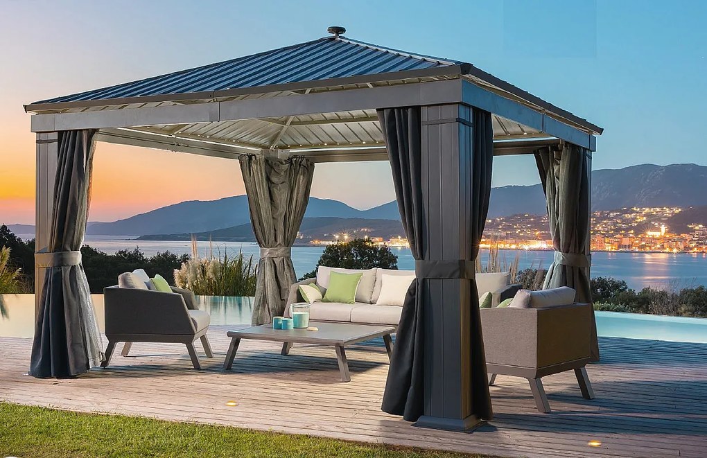 DEOKORK Záhradný hliníkový altánok PREMIUM 3,9 x 3,9 m (sivá) + závesy