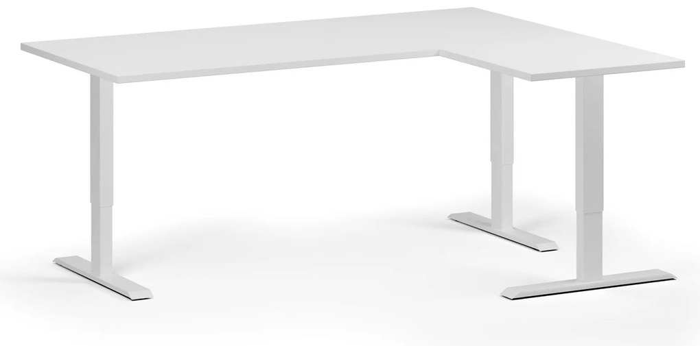 Výškovo nastaviteľný stôl, 180x140 cm, 3 motory, L/P, biela podnož, biela