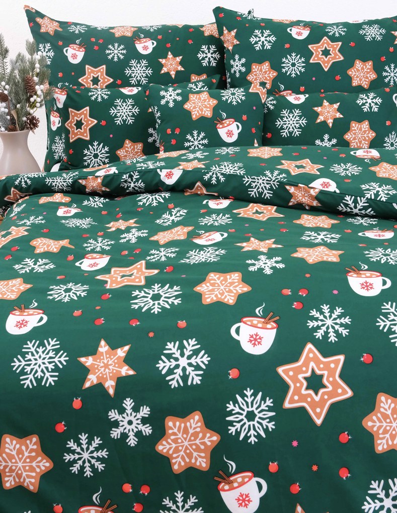 Vianočné predĺžené bavlnené obliečky Renforcé - Vianočný perníček zelené