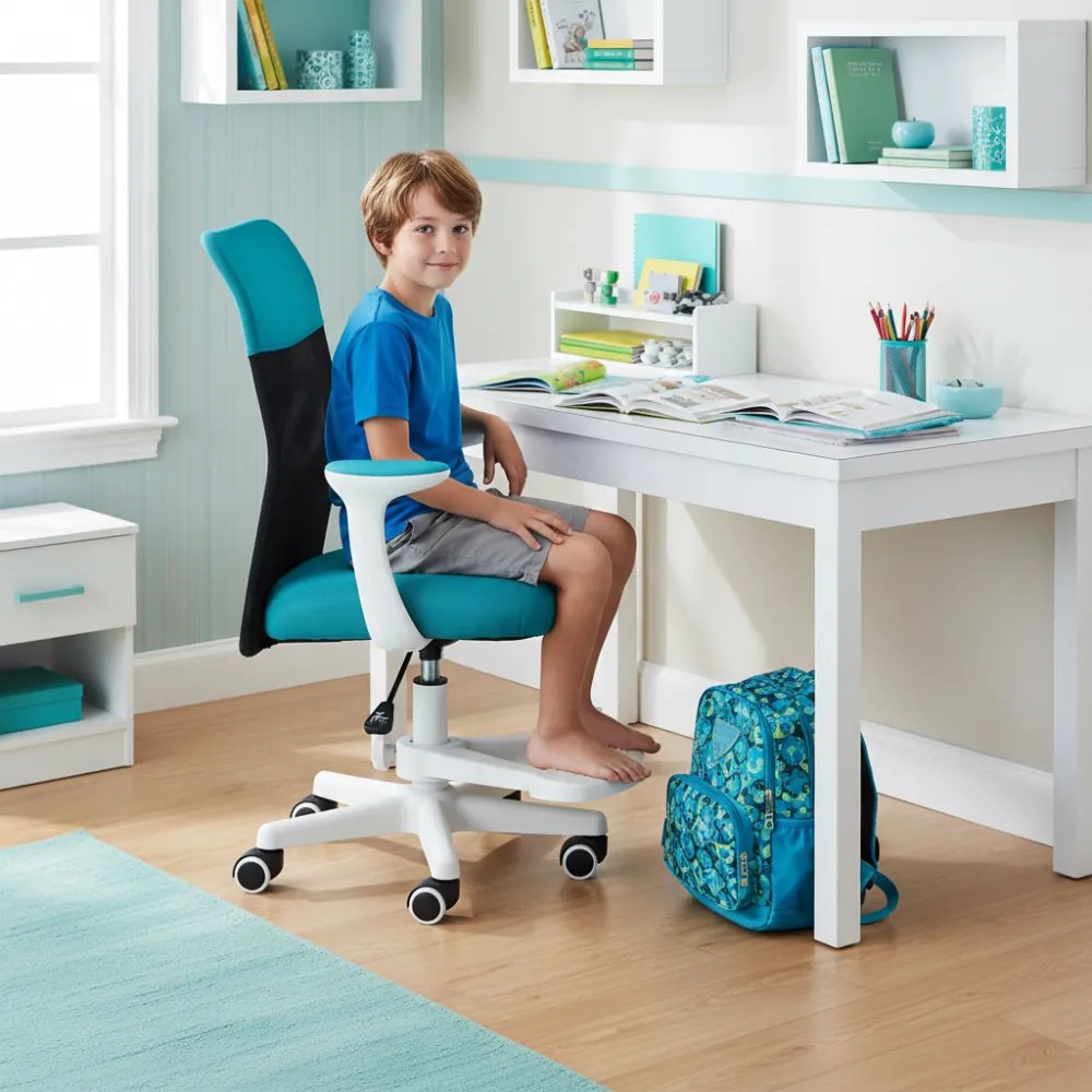 Detská stolička Neoseat MONKEY WHITE s podnožou — látka, biela / tyrkysová