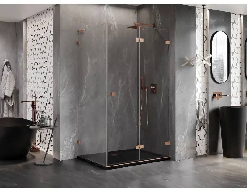Mexen Lunar-F L, pravý sklápací sprchový kút 95 x 80 cm, 8mm číre sklo, profil medená matná, 836L-095-080-65-00-P