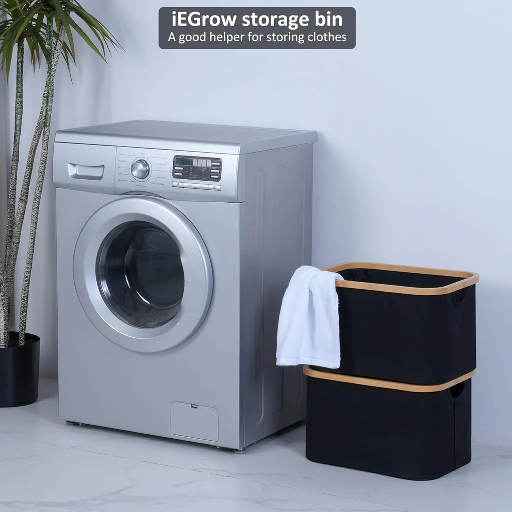 Kesper Úložný box - košík, textilní černý s bambusovým rámem XXL, 57x37x26
