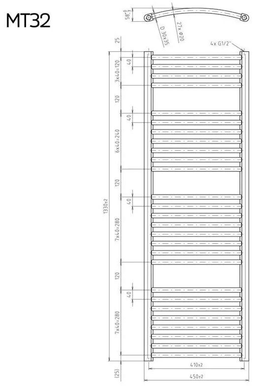 Mereo, Vykurovací rebrík 600x1330 mm, oblý, biely, MER-MT42