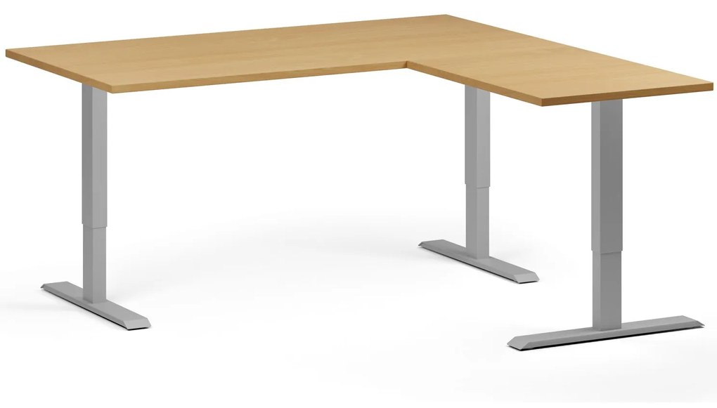 Výškovo nastaviteľný stôl, 160x160 cm, 3 motory, L/P, sivá podnož, buk