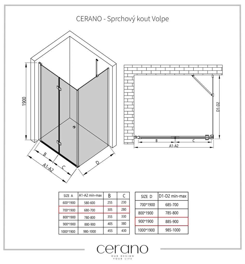 Cerano Volpe, sprchovací kút so skladacími dverami 70(dvere) x 90(stena), 6mm číre sklo, chrómový profil, CER-CER-427183