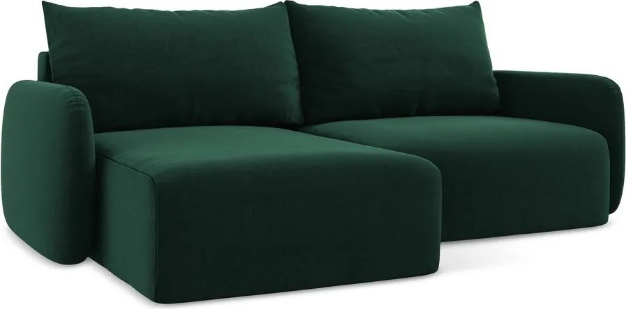 Tmavozelená zamatová rozkladacia/s úložným priestorom rohová pohovka (ľavý roh/s leňoškou) Kalena – Makamii