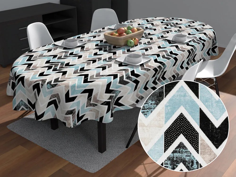 Biante Dekoračný oválny obrus Leona LN-061 Tyrkysovo-čierne cik cak pásiky 120x140 cm