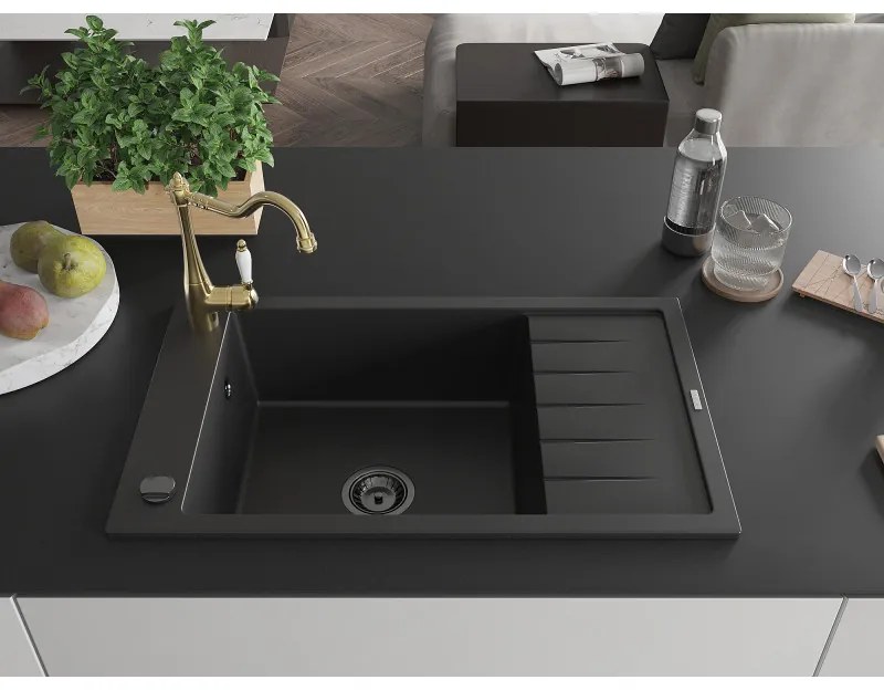 Mexen Elias, granitový drez 795x480x200 mm, 1-komorový a drezová batéria Carla, čierna, 6511-77-670700-50-B