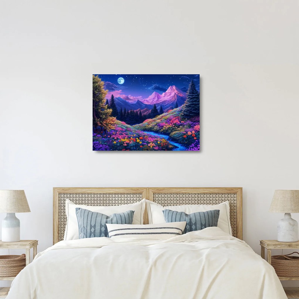 Sklenený obraz - Fialová krajina pri úplnku (70x50 cm)