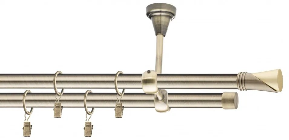 Dekorstudio Stropná mosadzná dvojradová garniža VEGA 19mm Dĺžka: 360cm, Typ uchytenia: Držiak dvojitý modern, Typ príslušenstva: Krúžky tiché so štipcami