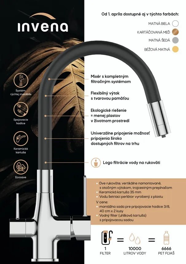 Invena Magic, stojanková drezová batéria s flexibilným ramenom a filtrom na pitnú vodu, biela matná, INV-BZ-02-F02-V