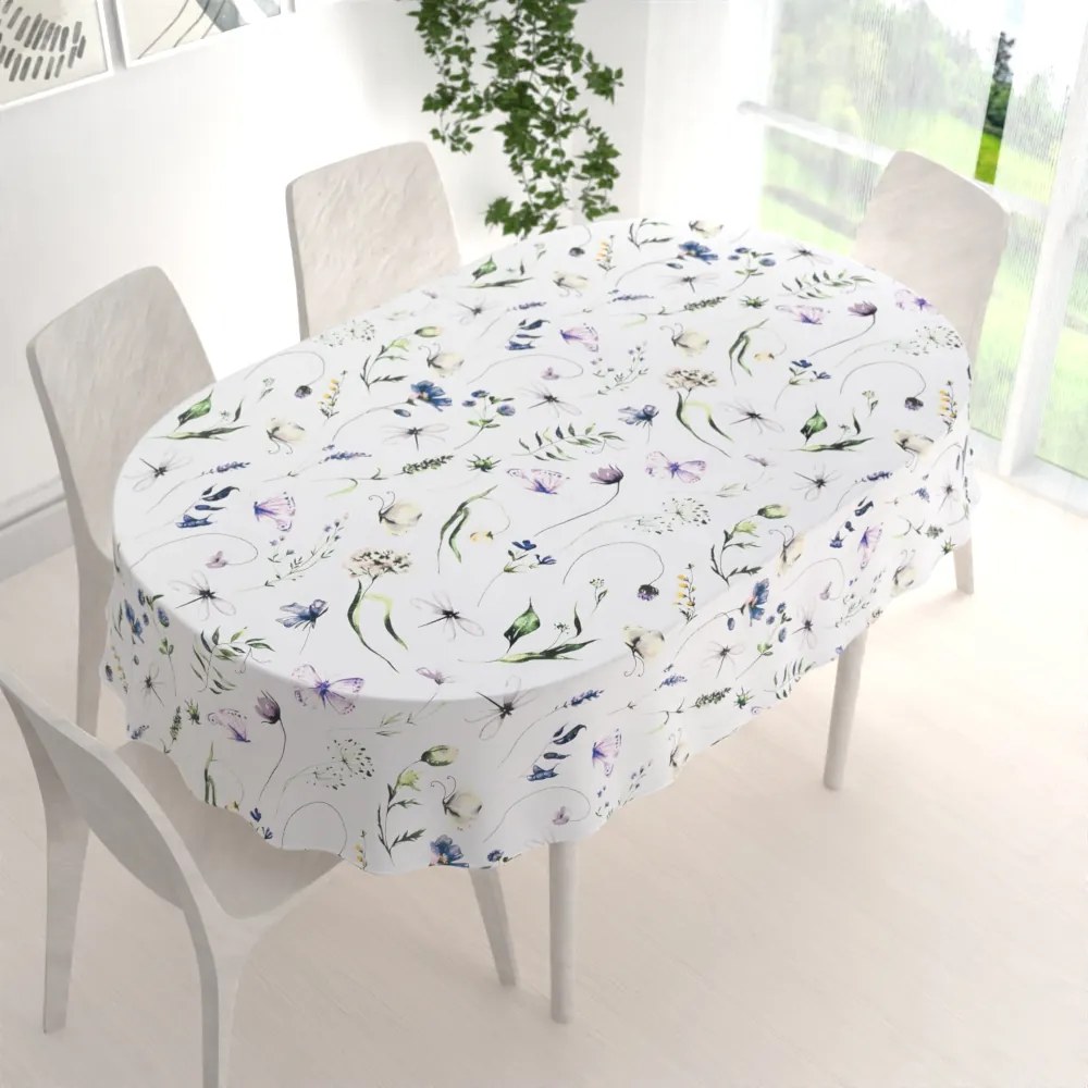 Biante Bavlnený oválny obrus Sandra SA-391 Lúčne kvietky s motýlikmi 120x180 cm