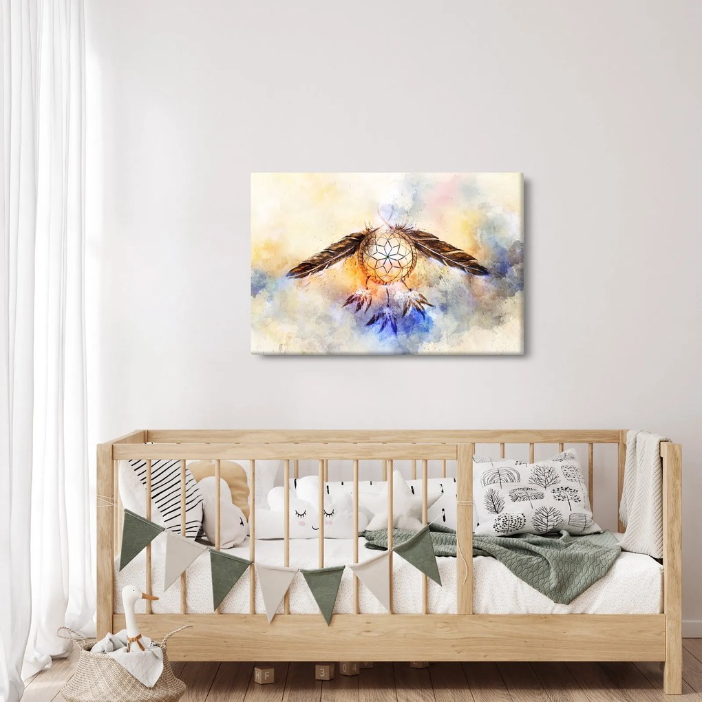 Obraz - Lapač snov s pierkami (90x60 cm)