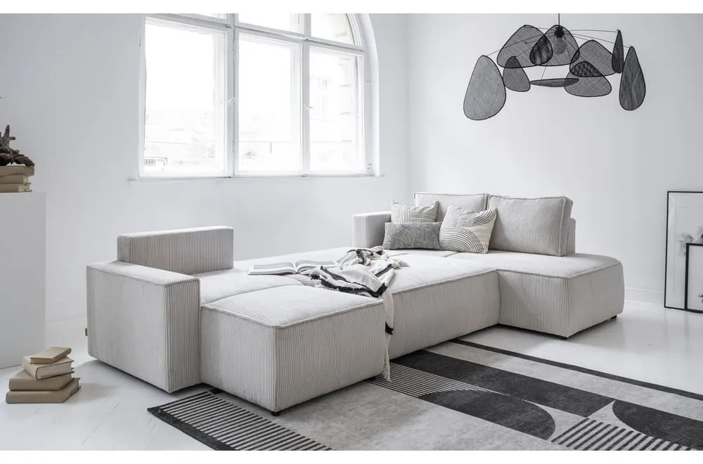 Biela menčestrová rozkladacia rohová pohovka (pravý roh/do tvaru "U") Brave Dave – Miuform