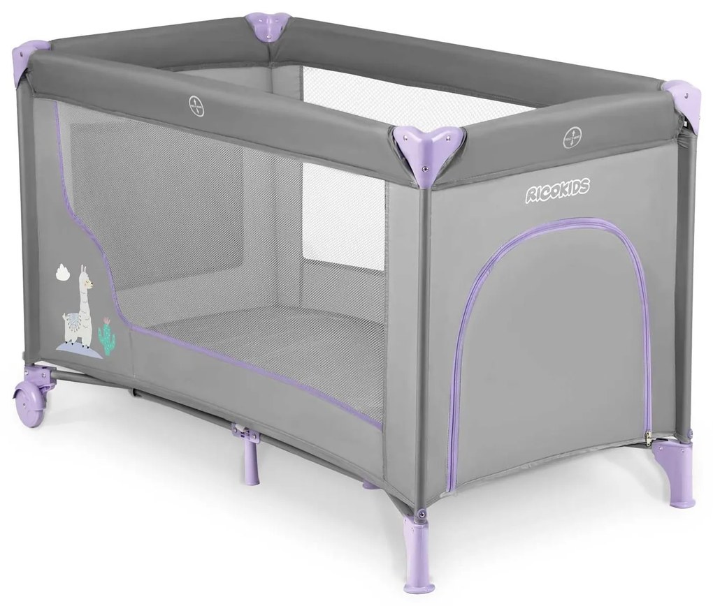 Ricokids Cestovná postieľka + matrac + taška 125 x 65 x 78 cm RK-240 sivá levanduľová