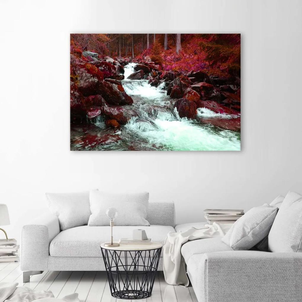 Obraz na plátně Horský potoční les červený - 90x60 cm