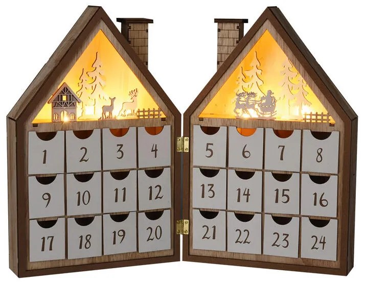 Drevený adventný kalendár so zásuvkami a LED svetielkami