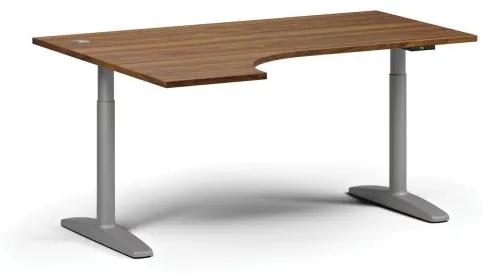 Výškovo nastaviteľný stôl OBOL, elektrický, 675-1325 mm, rohový ľavý, doska 1600x1200 mm, sivá zaoblená podnož, orech