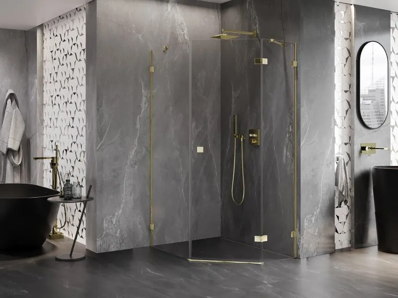 Mexen Lunar, päťuholníkový sprchový kút naklápací vpravo 80 x 90 cm, 8mm číre sklo, zlatý profil, 831-080P-090L-50-00-P