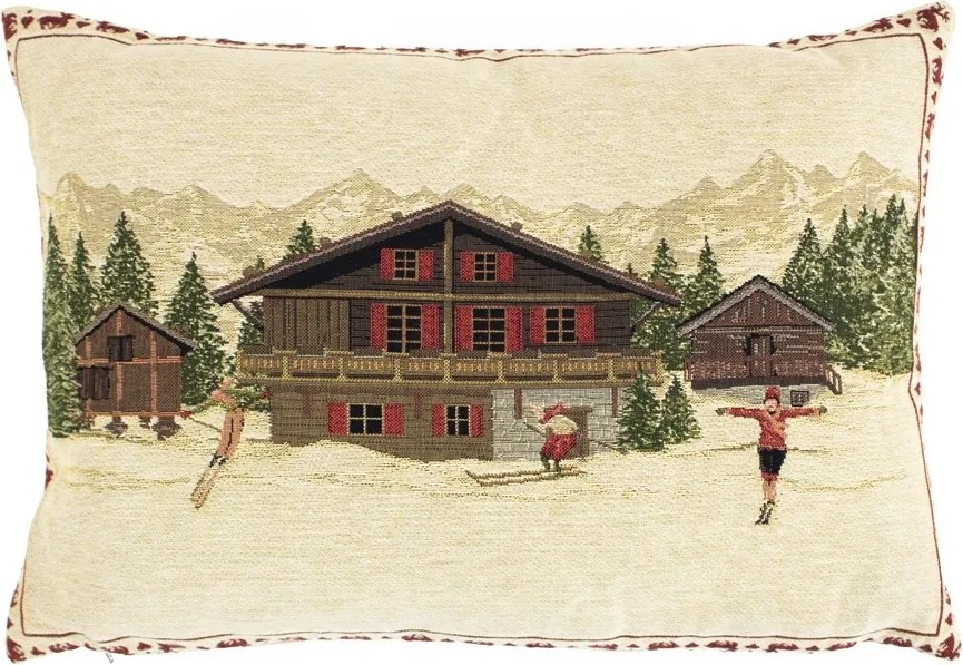 Gobelínový vankúš s chalúpkou a lyžiari - 45 * 15 * 31cm