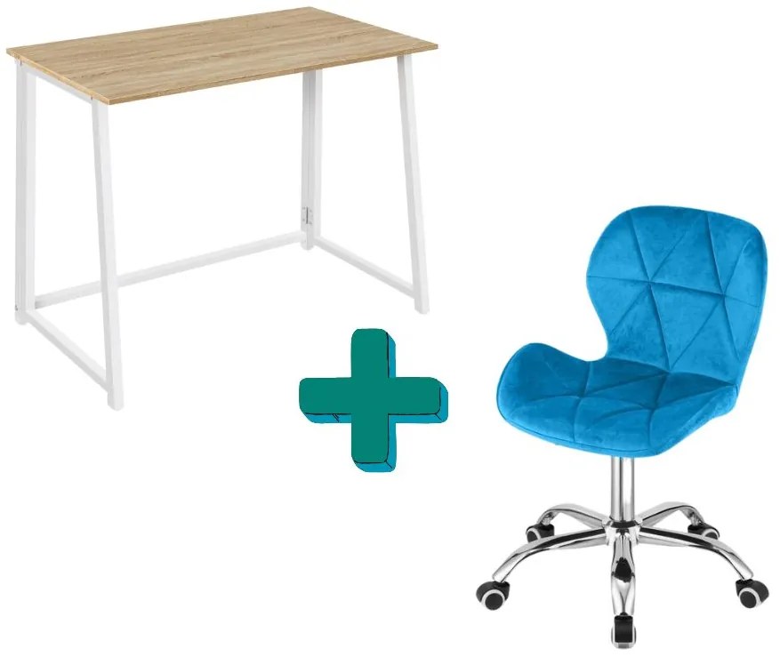 Set do pracovne ZARIMO stôl 80x40 cm biely + kreslo AVOLA VELVET modré