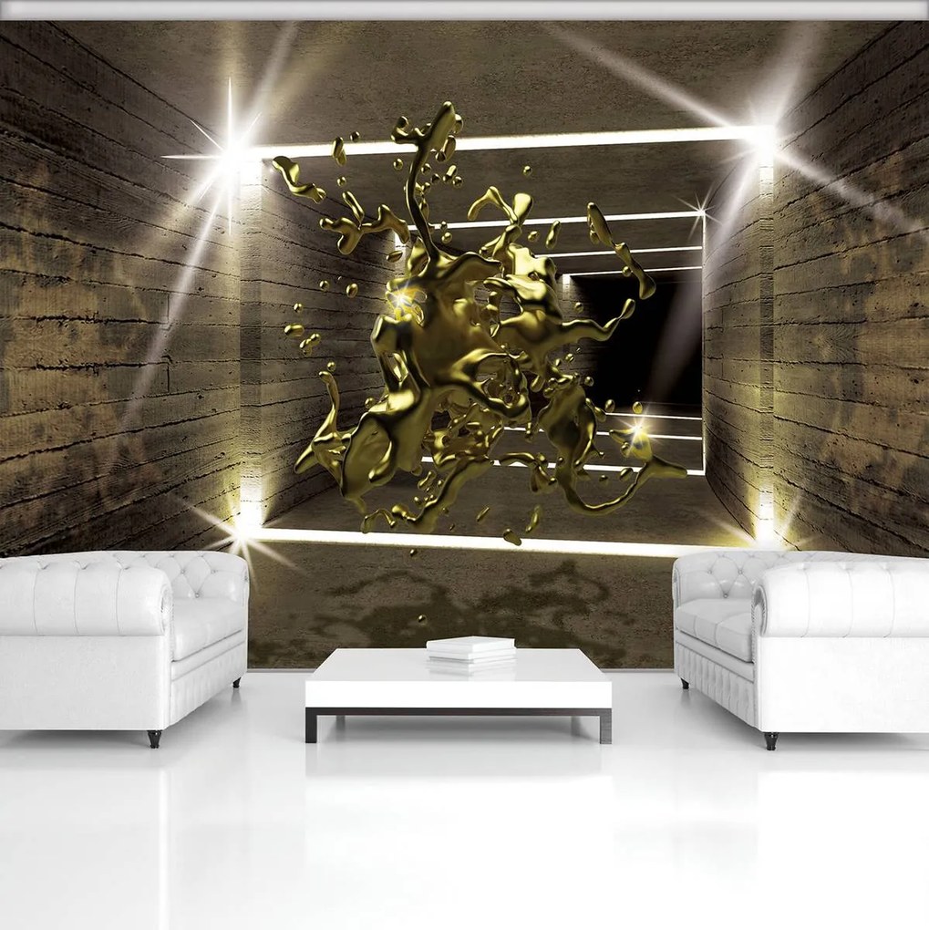 Fototapeta - Explózia zlatej farby v 3D tuneli (254x184 cm)