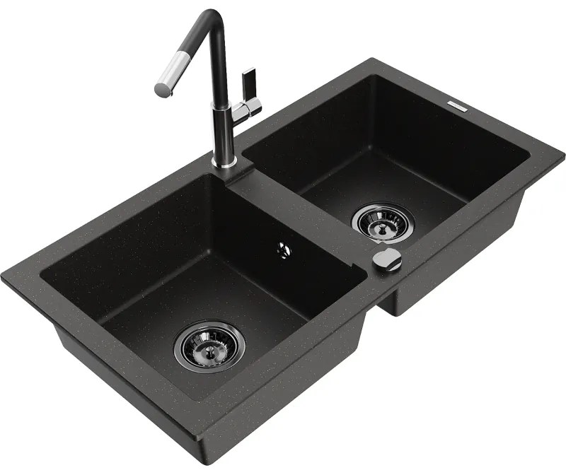 Mexen Mario, 2-komorový granitový drez 820x436x161 mm a drezová batéria Flora, čierna-zlatá metalíza, 6504-75-670401-07-B