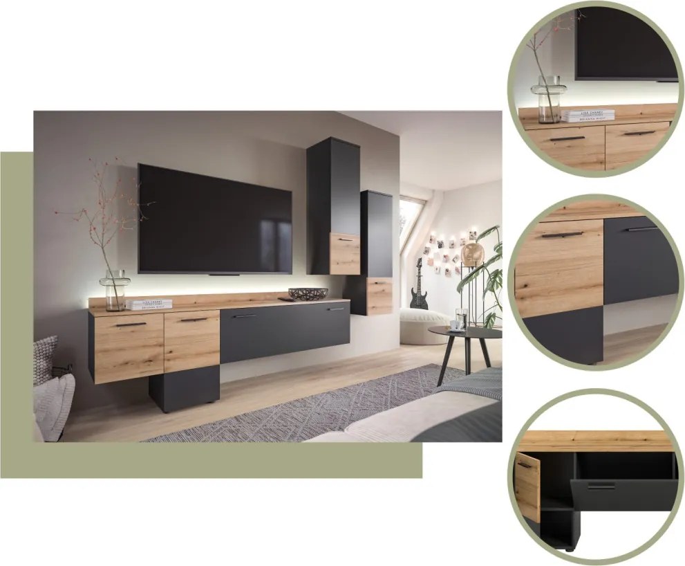 Obývacia stena s osvetlením Goul, tmavo šedá/dub evoke