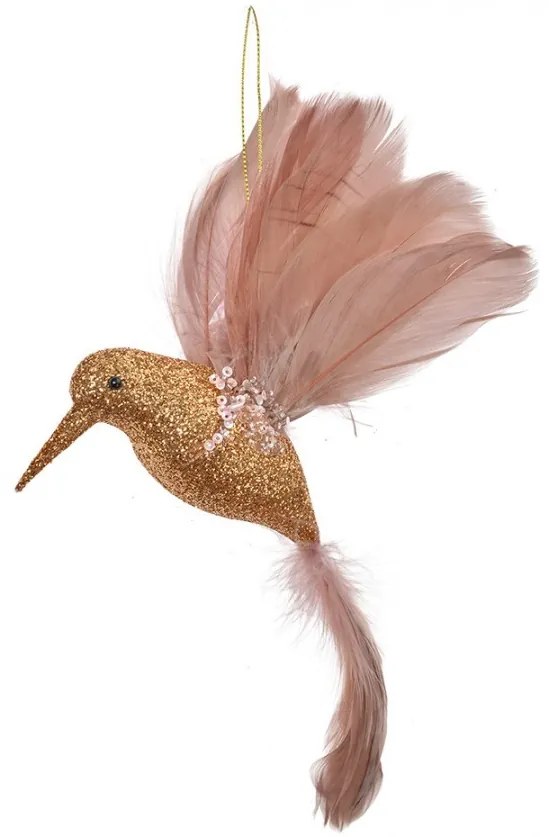 Ružový závesný vtáčik kolibrík s pierkami a trblietkou - 22*5*15 cm