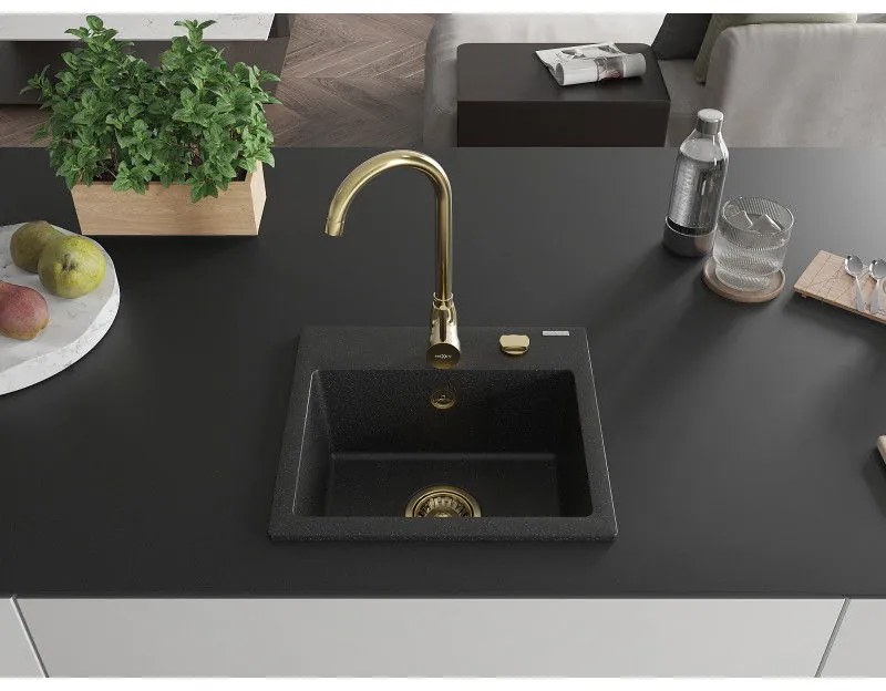 Mexen Milo, 1-komorový granitový drez 435x410x171 mm a zlatá batéria Telma, čierna-strieborná metalíza, 6505-73-670200-50