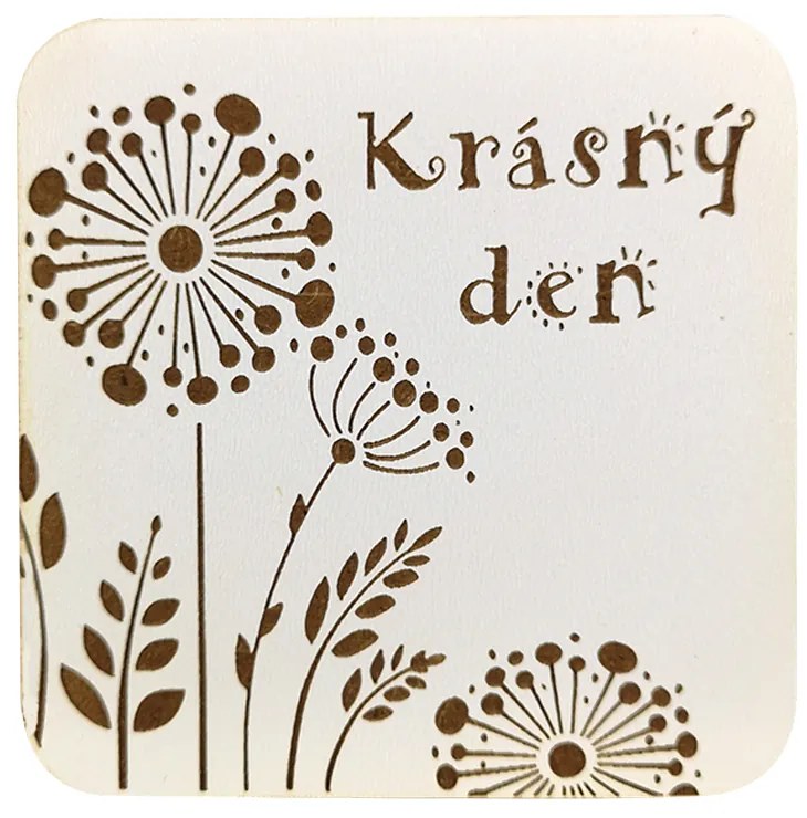 AMADEA Drevený podtáček hranatý text "krásny deň", priemer 9 cm, český výrobok