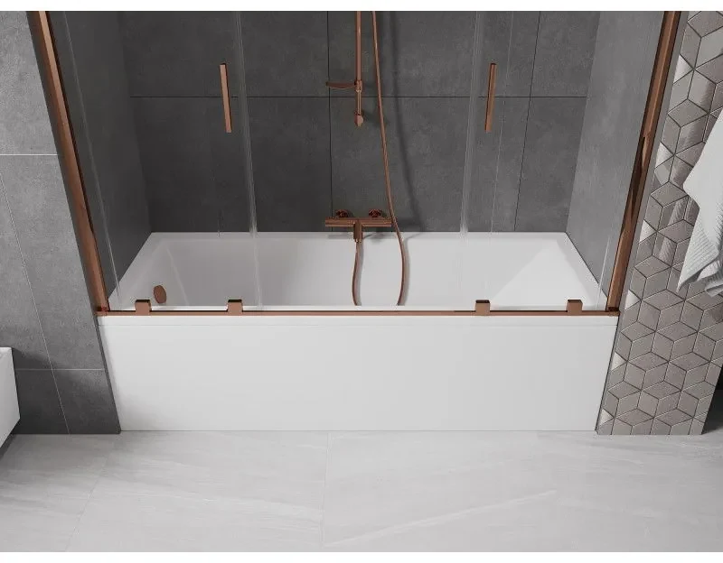 Mexen Velar Duo, 2-krídlová posuvná vaňová zástena 200 x 150 cm, 8mm číre sklo, ružové zlato profil, 896-200-000-02-60
