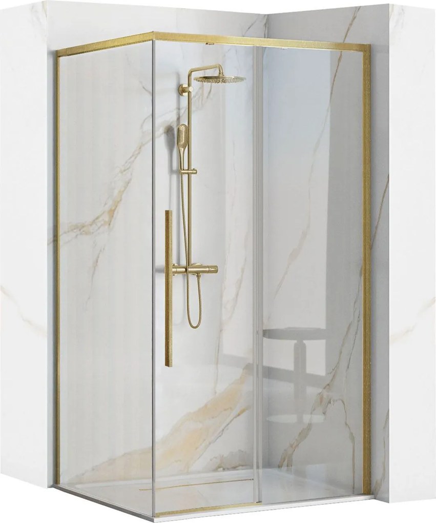 Štvorcový sprchovací kút REA SOLAR 90x90 cm, kartáčovaná zlatá/transparent + vanička Savoy biela