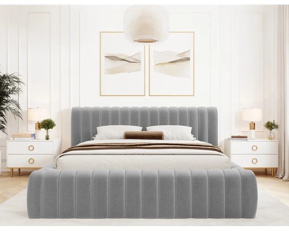 Svetlosivá čalúnená dvojlôžková posteľ s úložným priestorom s roštom 180x200 cm Carilla – ELTAP