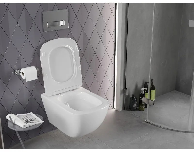 Mexen Timo, závesná WC misa 555x370x335 mm, Rimless Tornádo + WC sedadlo z duroplastu, biela lesklá, 30650200T