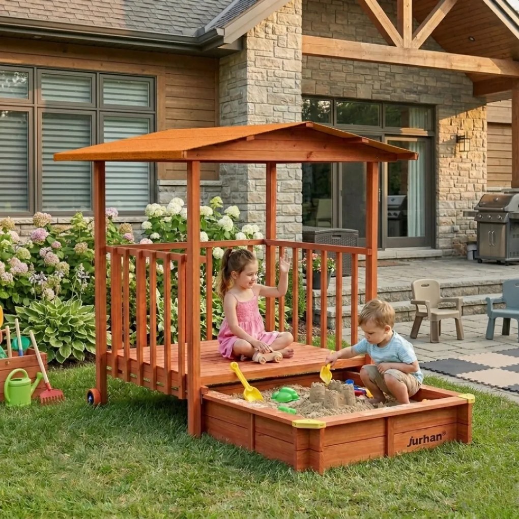 Pieskovisko s verandou SUNNY, 130x130x143cm, hnedá/oranžová Jurhan