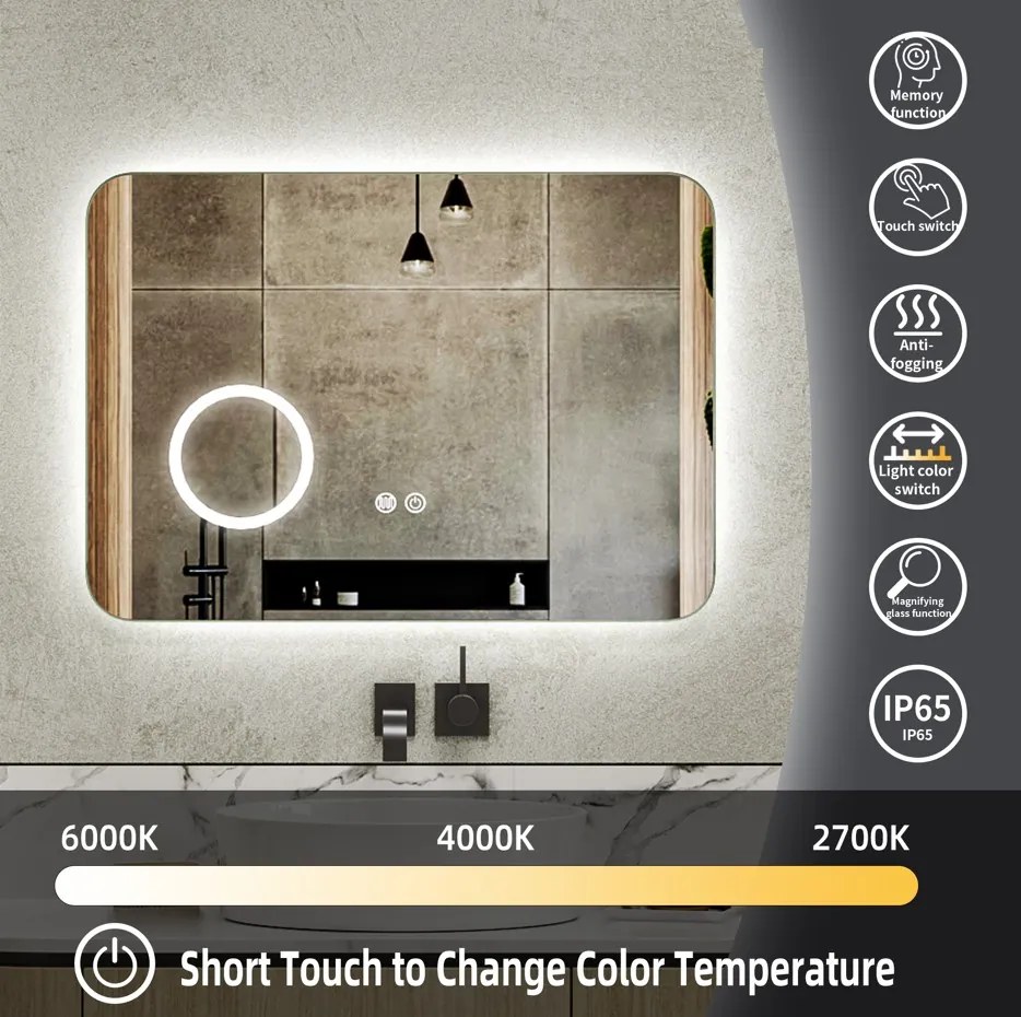 Erga Myra, LED zrkadlo 70x50 cm s kozmetickým zrkadlom 3x zväčšenie, 2662 lm, 3 farby svetla, zadné osvetlenie, ERG-V01-MYRA-7050-00