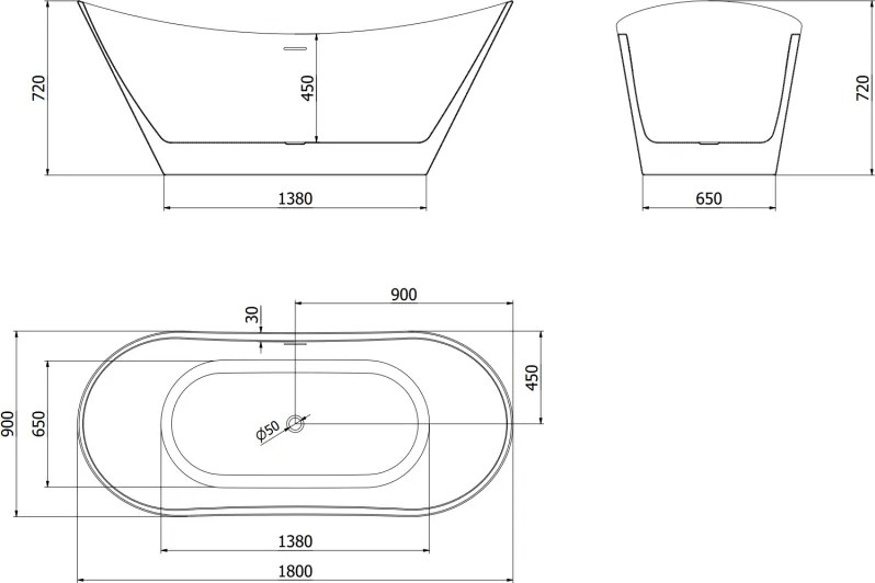 Mexen Montana, voľne stojaca vaňa 180 x 90 cm, biela, biely prepad, 52011809000-20