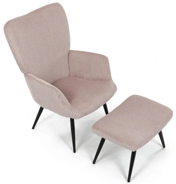 Relaxačné kreslo ušiak s taburetom ROYAL — kov, menčester, ružová