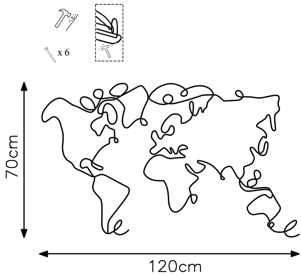 Nástenná kovová dekorácia Mapa sveta čierna