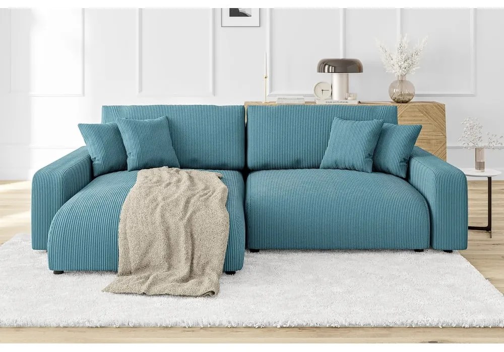 Tyrkysovomodrá menčestrová rozkladacia rohová pohovka Sara – Ropez