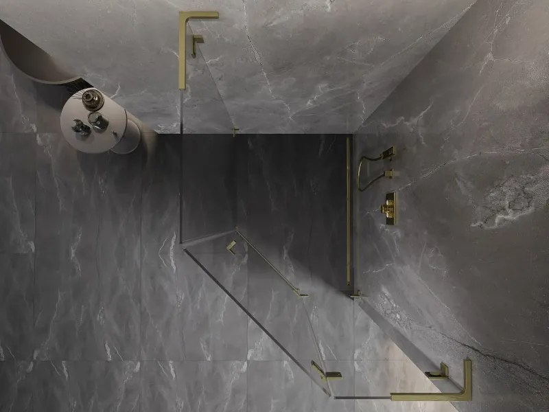 Mexen Lunar, L pravý výklopný päťuholníkový sprchový kút 80 x 90 cm, 8mm číre sklo, zlatý matný profil, 831L-080P-090L-55-00-P
