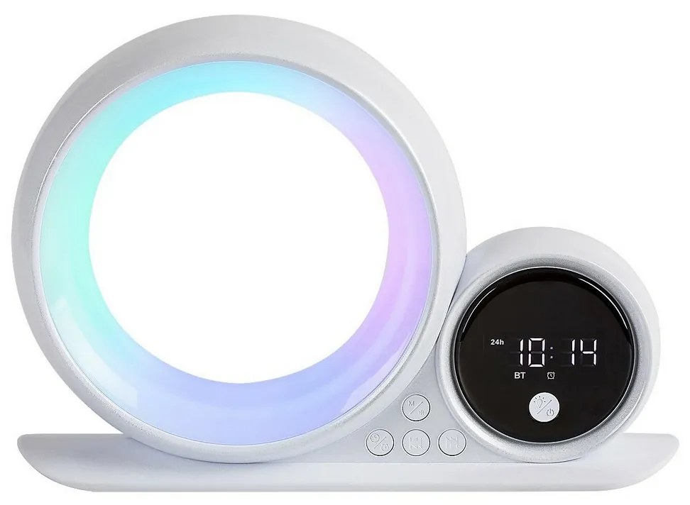 Rabalux 76109 dekoratívna stolná lampa Wakeway, s reproduktorom, RGB, hodinami a budíkom